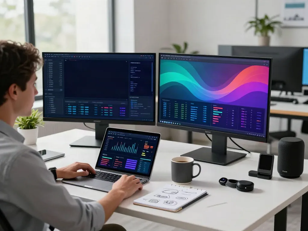 Data analyst using an AI visibility platform in a modern workspace, showing analytics dashboards and metrics.