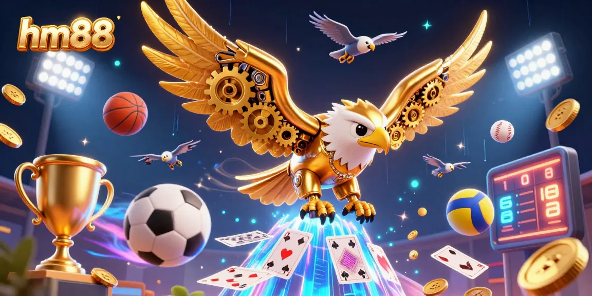 Bet on thrilling games with hm88, showcasing a golden eagle diving through holographic cards amidst dynamic sports elements.