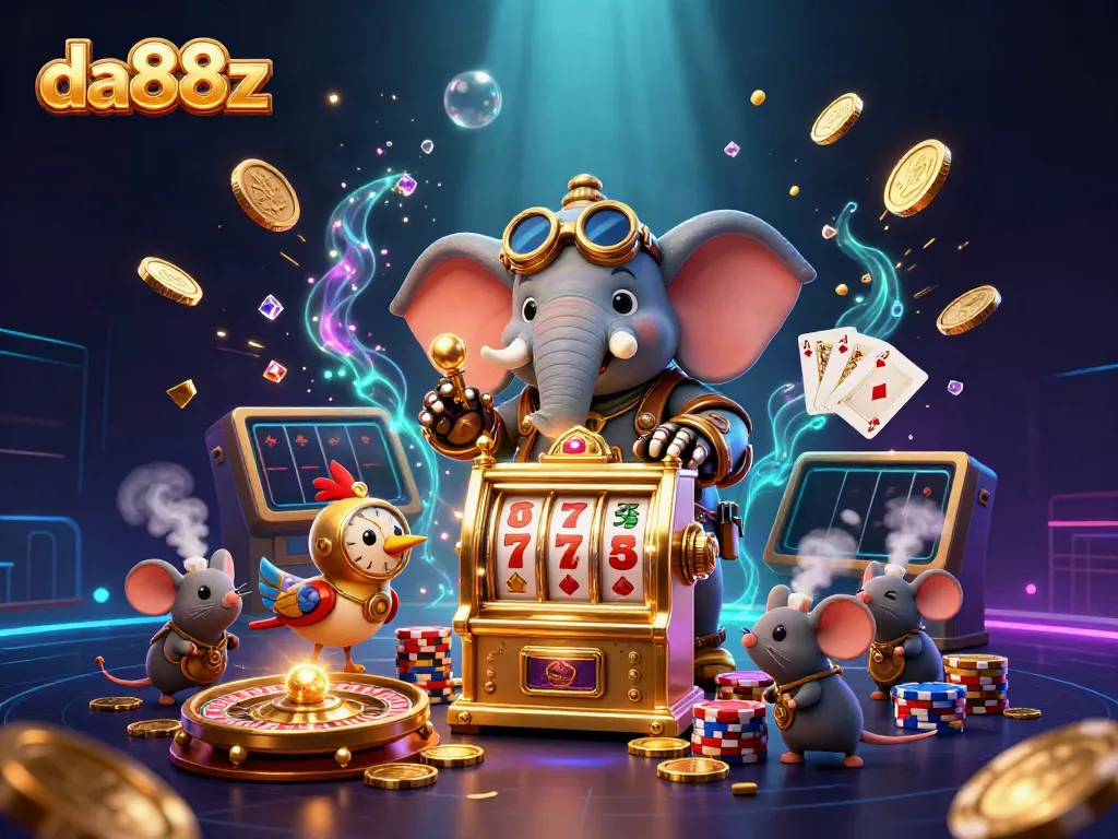 Spin the winning slots at da88z with our vibrant steampunk-themed casino illustration.