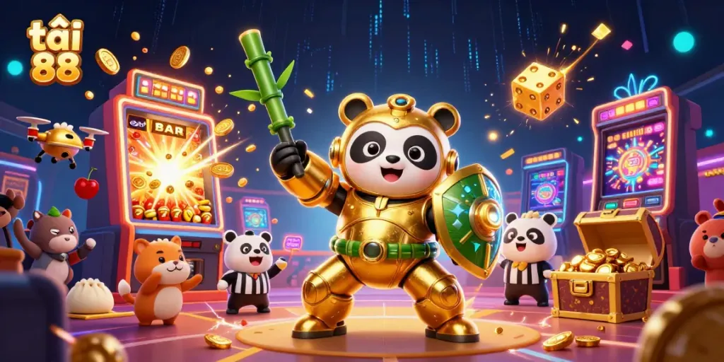 Experience excitement while playing tải go 88 with a golden panda piloting a robot in a vibrant casino arena.