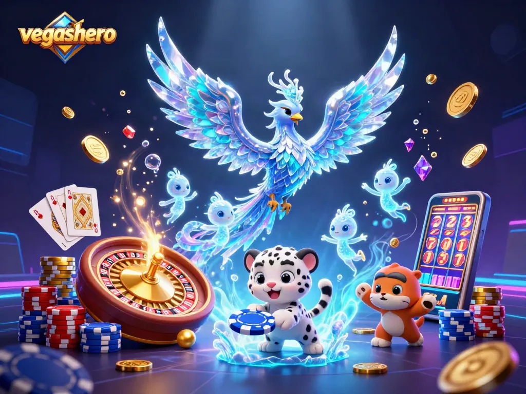 Experience VegasHero's thrilling casino action with an enchanting ice phoenix and vibrant gaming elements.