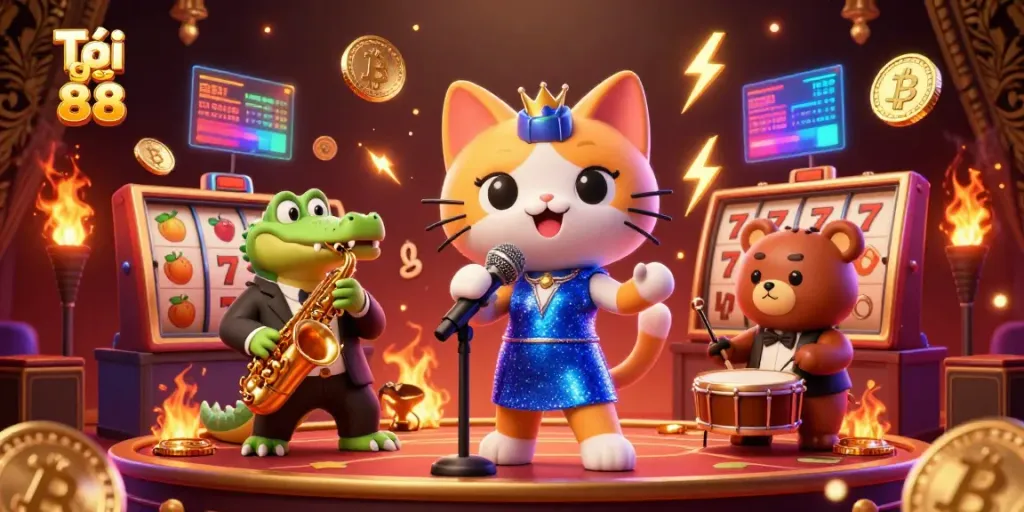 Experience thrilling entertainment while playing Tải go 88 in this vibrant casino scene featuring jazz and gaming elements.