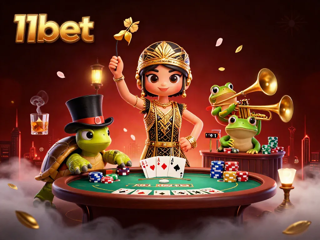 Experience the vibrant world of 11bet with a dazzling scene featuring iconic characters in a casino setting.