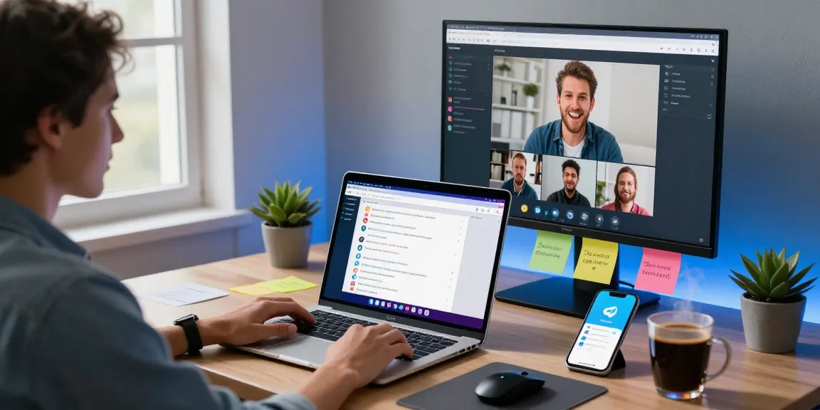 Professional using Telegram Web Version on a laptop in a vibrant workspace, showcasing modern communication.