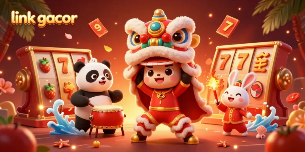 Experience the thrill of slot gaming with link gacor in a vibrant, animated casino scene.
