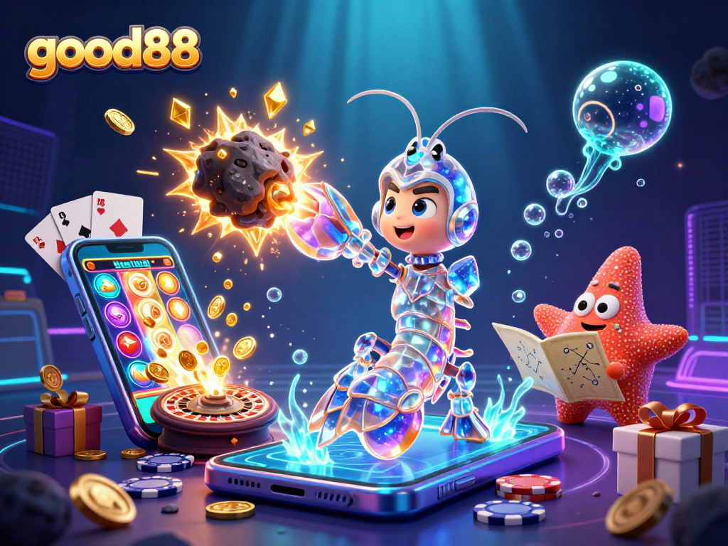 Engage with good88 at this vibrant casino scene showcasing galactic samurai and underwater treasures.