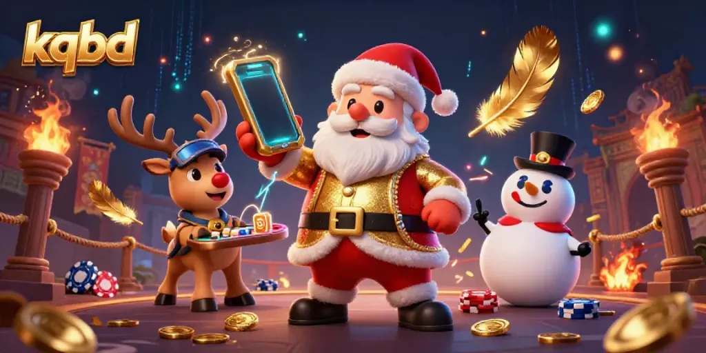 Engage with the dynamic kqbd casino scene featuring Santa, his reindeer, and a poker-chip snowman.
