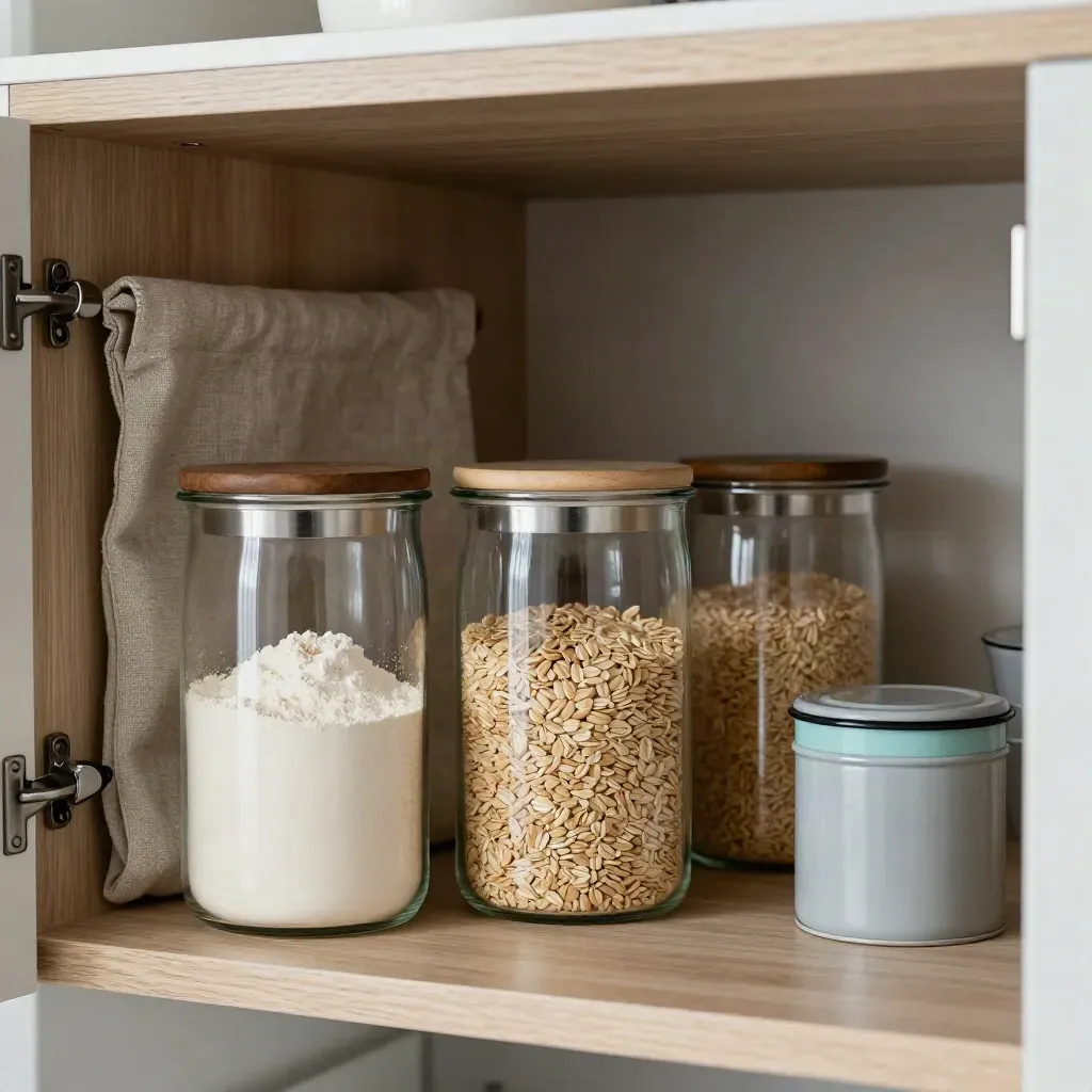 Open keukenkast met voorraadpotten, linnen tas en twee herordende blikken, rustig en zuinig.