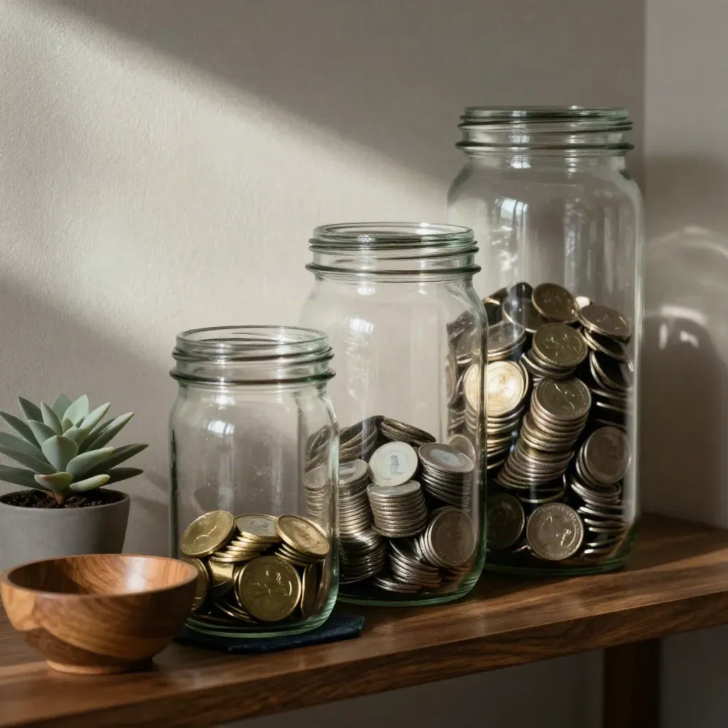 Drie glazen spaarvaten op een houten plank met plant en schaal in zacht daglicht.