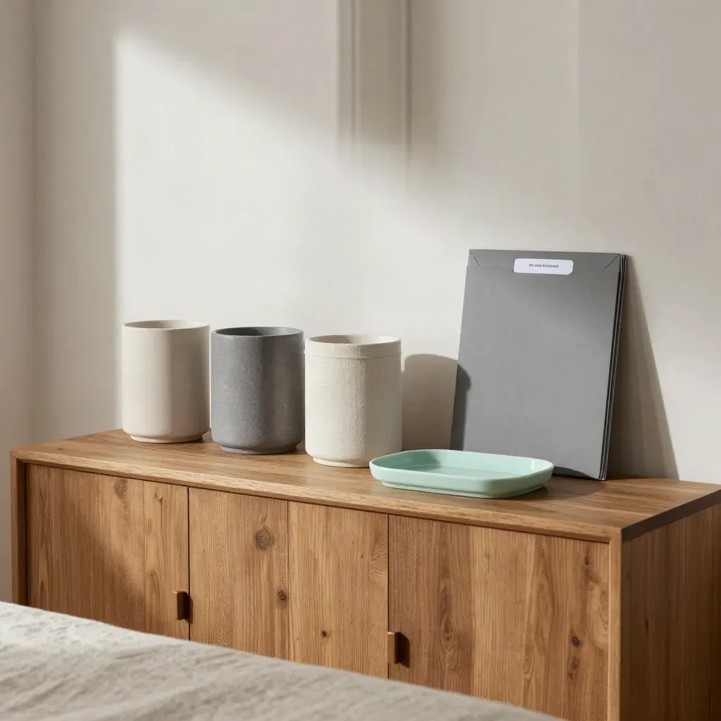 Drie matte potten en een factuurmap op een dressoir, netjes gescheiden in zacht daglicht.