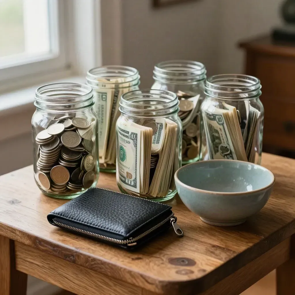 Vier volle spaarpotten van glas, een geldwallet en keramische schaal op een warme haltafel.