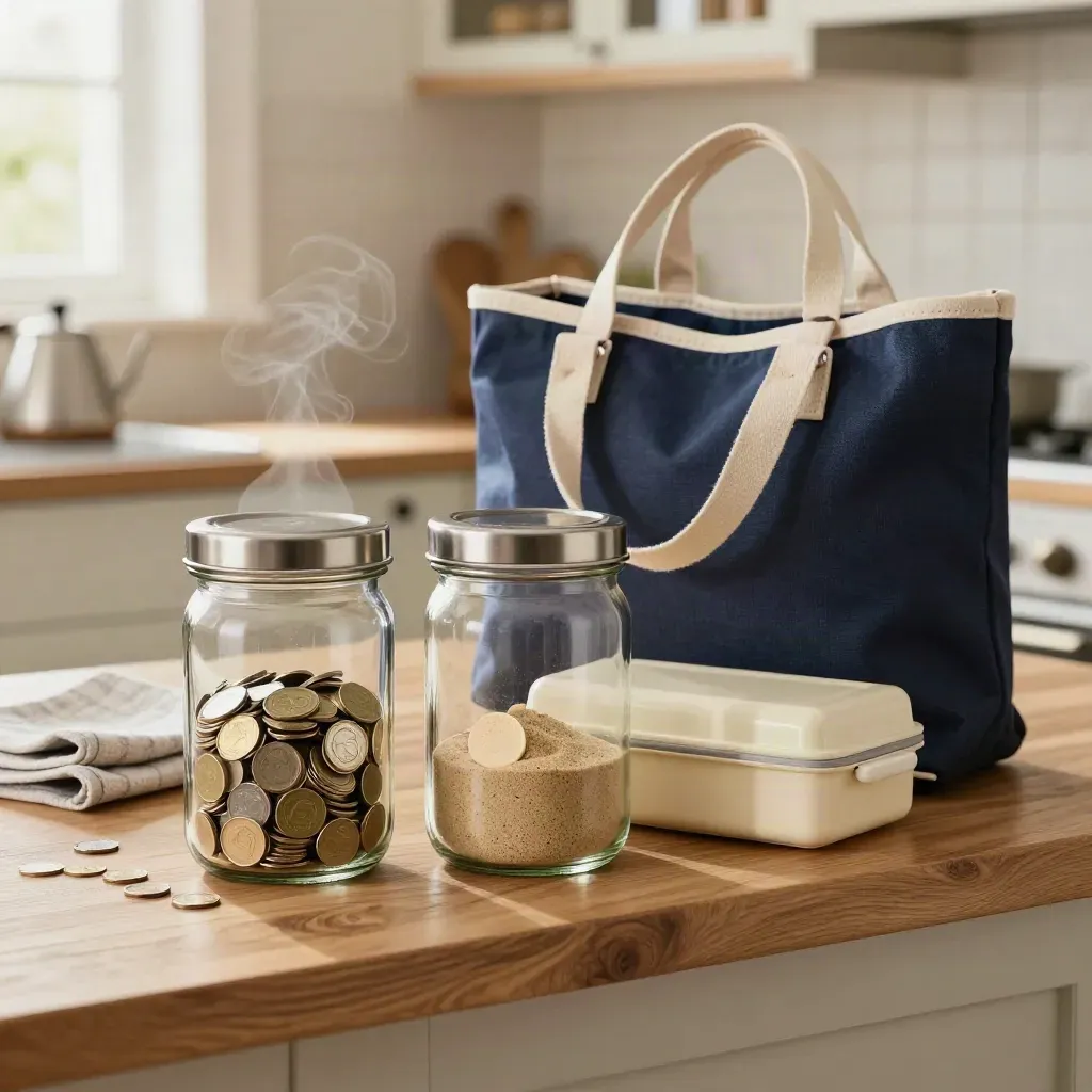 Twee spaarpotten, strandtas en lunchbox op een keukenplank met warm licht en damp.