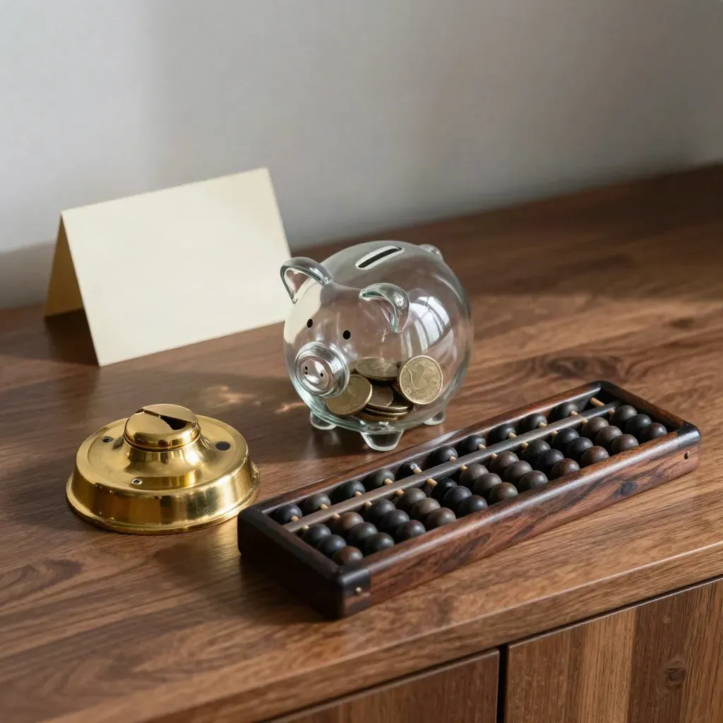 Messing paperweight, glazen spaarpot en houten telraam in dramatische still life.