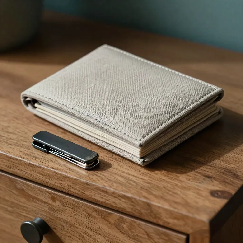 Linnen budgetwallet, elastieken en matte clip op een warme houten ondergrond.