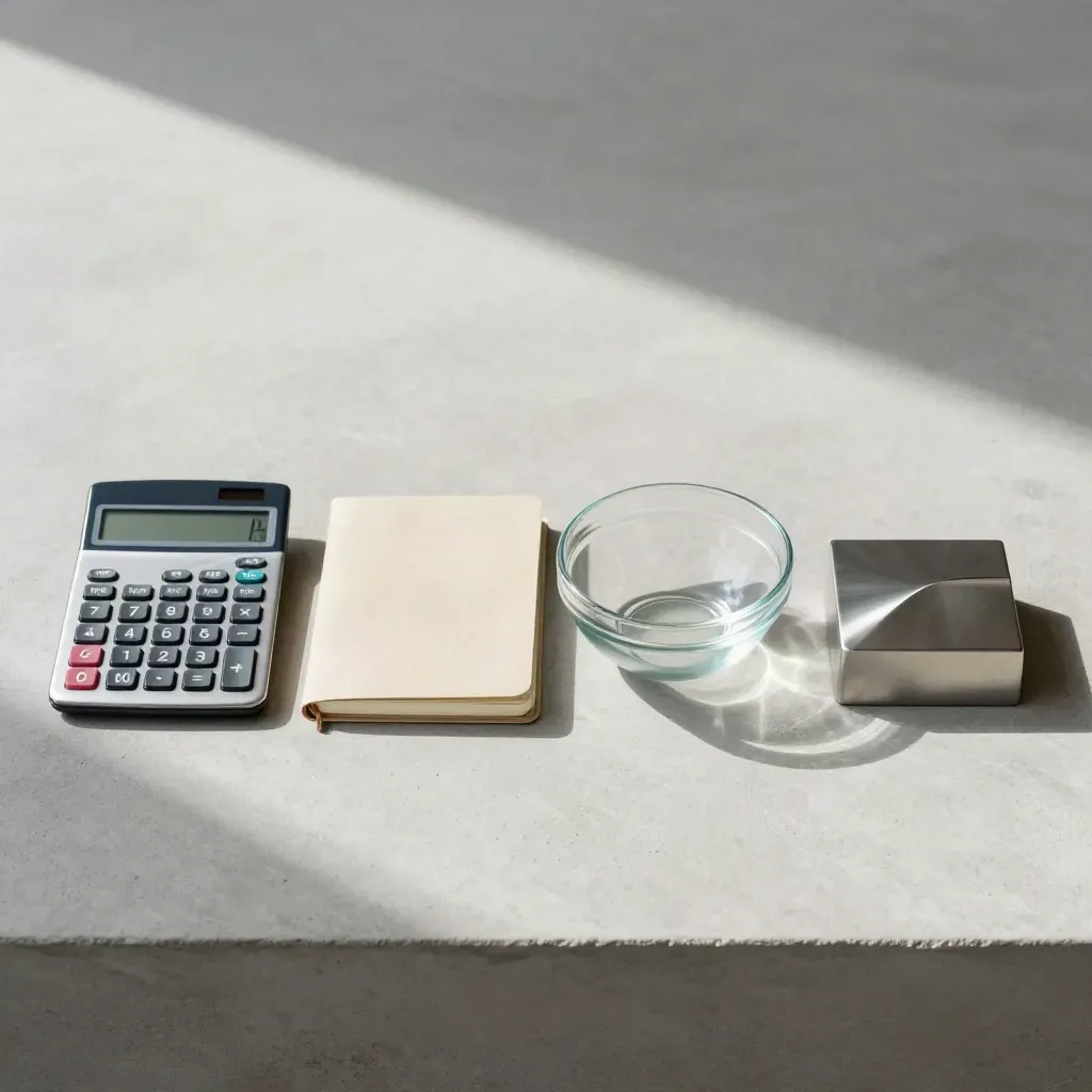 Vier spaarobjecten op beton: rekenmachine, notitieblok, glazen kom en paperweight.