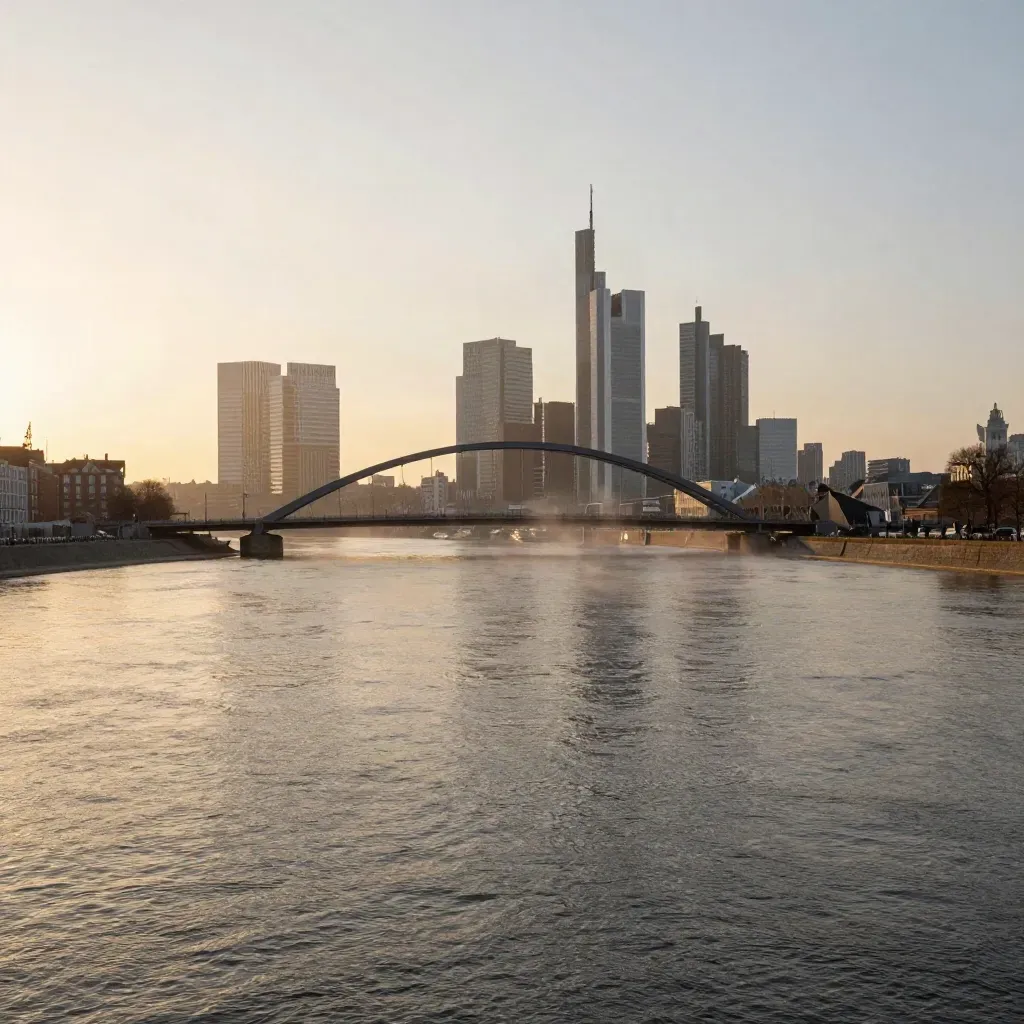 De Maas bij Rotterdam met skyline, brugboog en gouden avondlicht.
