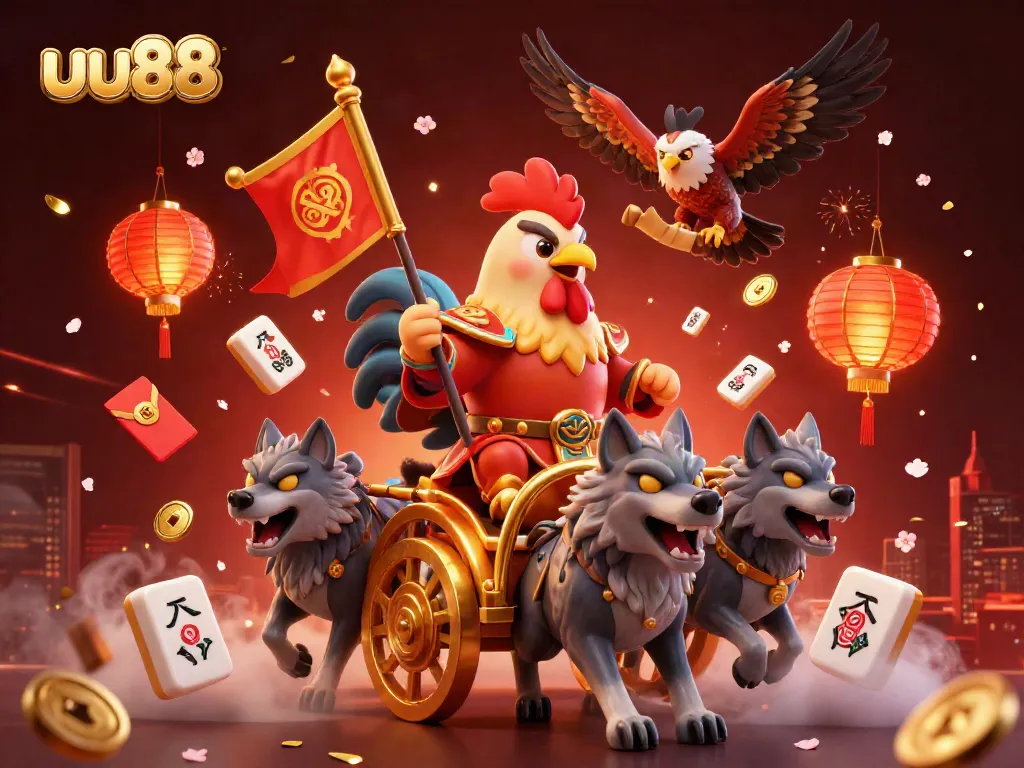 uu88 offers a thrilling view of a rooster warlord in a vibrant casino scene, filled with dynamic gambling elements.
