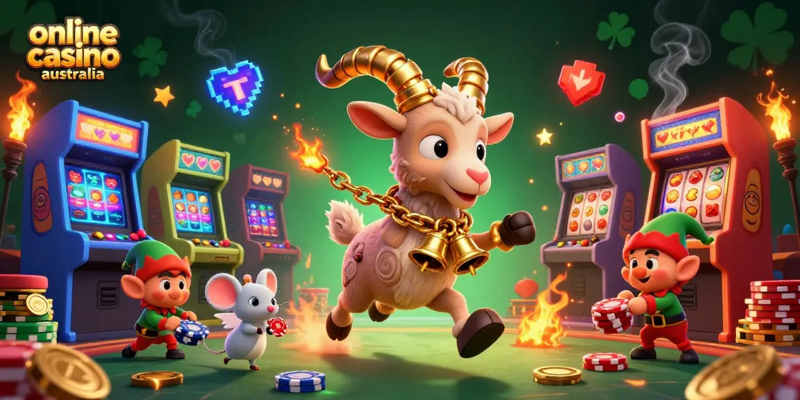 Engage with a thrilling online casino Australia scene featuring festive 3D cartoon characters and gaming elements.