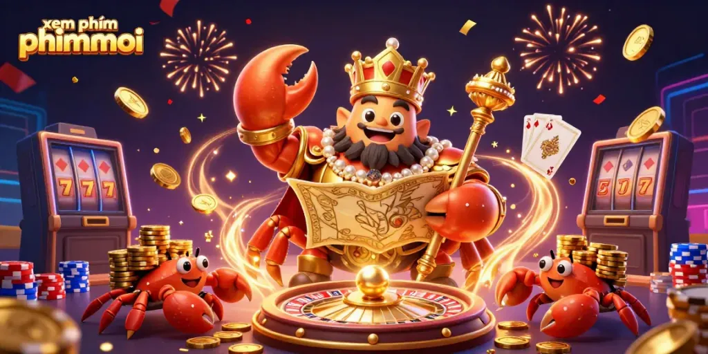 Experience the excitement of xem phim phimmoi with a golden crab emperor surrounded by treasures in this vibrant casino scene.
