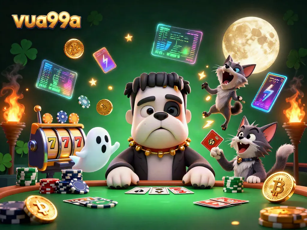 Experience the thrilling atmosphere of vua99a with a lively 3D scene featuring a quirky bulldog dealer and whimsical characters amidst gambling icons.