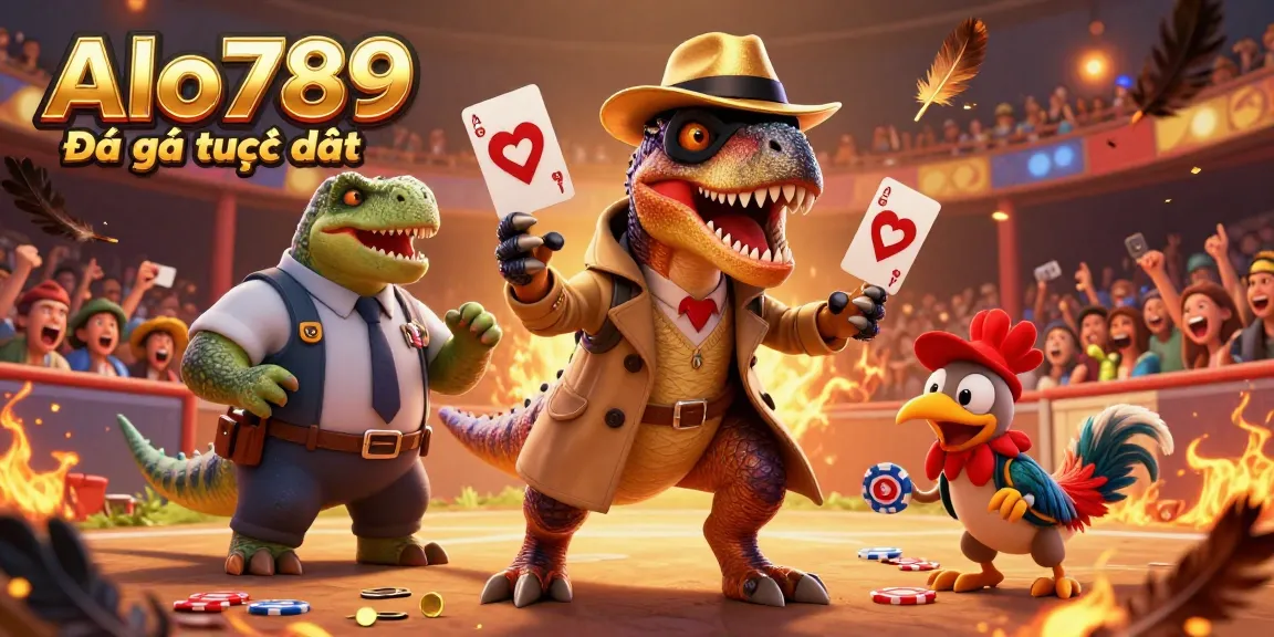 Alo789 Đá gà trực tiếp showcases a thrilling cockfighting arena with a velociraptor disguised as a card counter amidst an energetic crowd.