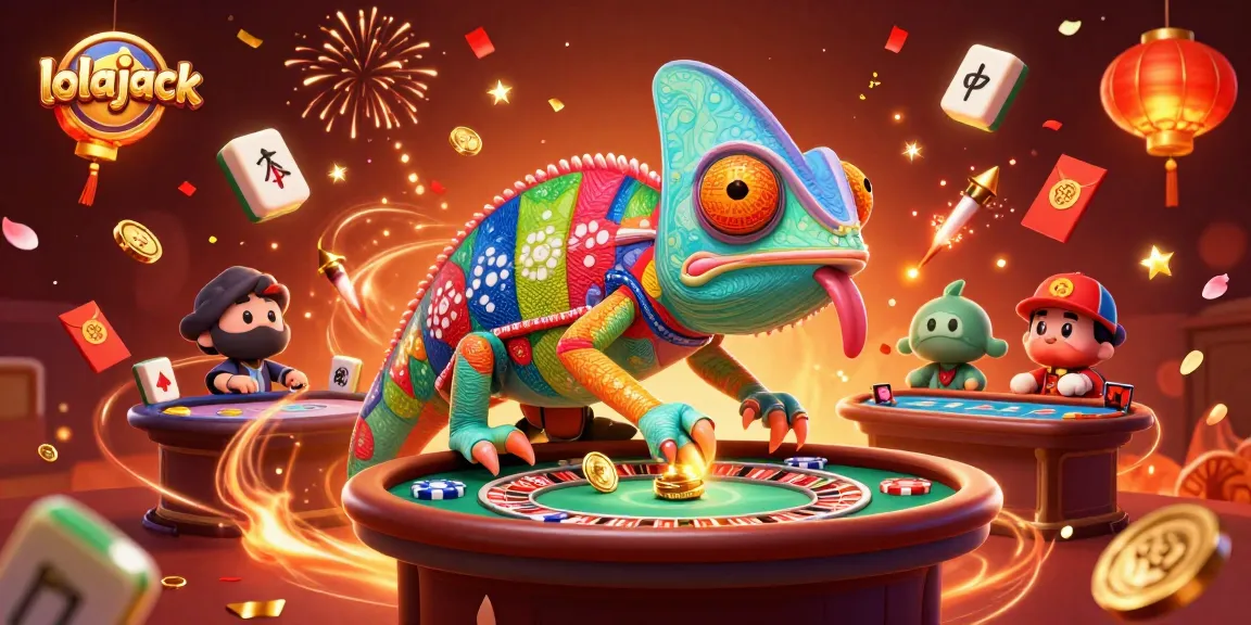 Watch the captivating lolajack chameleon casino owner catch golden coins amidst vibrant casino festivities.