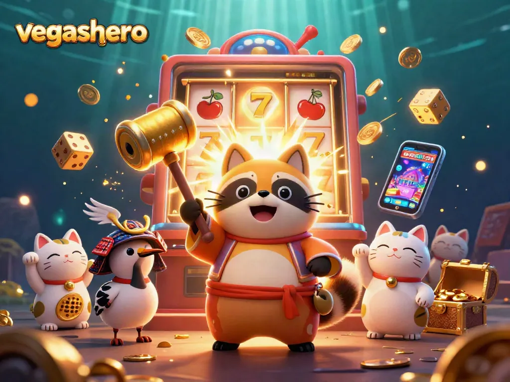 Experience the excitement of vegashero with a joyful tanuki and dynamic casino elements.