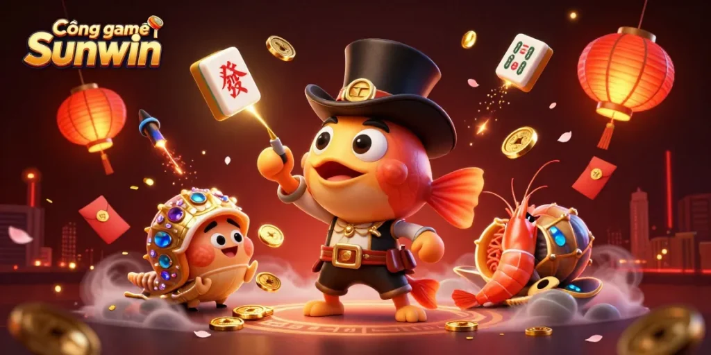 Vibrant illustration showcasing Cổng game Sunwin with enchanting characters attracting golden coins in an exciting gambling setting.