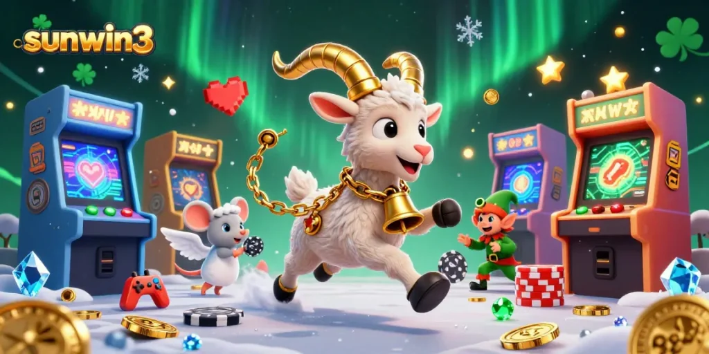 Experience the lively casino atmosphere with sunwin3, featuring a playful Krampus and chaotic elf gremlins amidst colorful gaming elements.