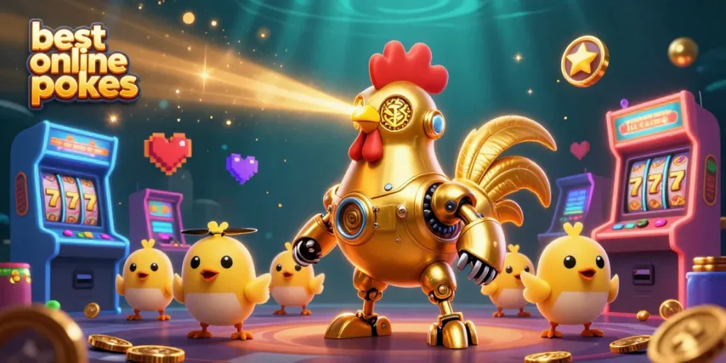 Engage with the best online pokies at an immersive 3D casino scene featuring vibrant characters and game elements.